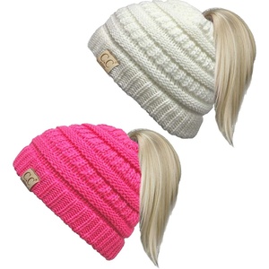 image:imageFunky Junque Toddler Girl Ponytail Beanie  Girls Winter Hat Messy Bun Pony Tail Beanies Ages 27 Warm Knit Cap Stretch Fit2 Pack  Ivory  Candy Pink