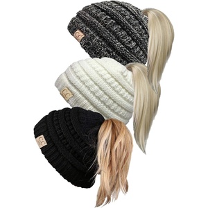 image:imageFunky Junque Toddler Girl Ponytail Beanie  Girls Winter Hat Messy Bun Pony Tail Beanies Ages 27 Warm Knit Cap Stretch Fit3 Pack  Black  Ivory  31