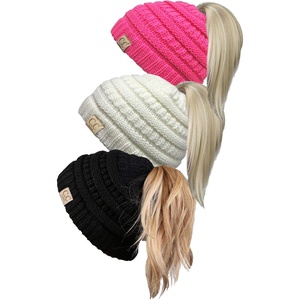 image:imageFunky Junque Toddler Girl Ponytail Beanie  Girls Winter Hat Messy Bun Pony Tail Beanies Ages 27 Warm Knit Cap Stretch Fit3 Pack  Black  Ivory  Candy Pink