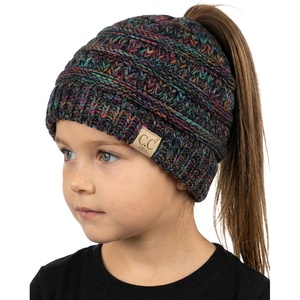 image:imageFunky Junque Toddler Girl Ponytail Beanie  Girls Winter Hat Messy Bun Pony Tail Beanies Ages 27 Warm Knit Cap Stretch Fit4 Tone Mix  Black  Purple  Orange  Teal