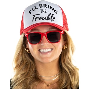 image:imageFunky Junque Trucker Hat amp Sunglasses Set for Women  Bachelorette Party Favors Girls Trip Bridesmaid GiftsTrouble  Hat  Sunglasses Set Red