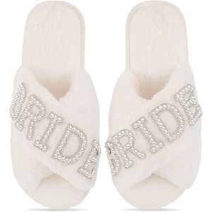 image:imageFunky Junque White Bridal Slippers Faux Fur Pearl Rhinestone Bride Slides  Plush faux fur slippers with rhinestone lettering for getting ready weddings bridal showers amp engagementsBride White