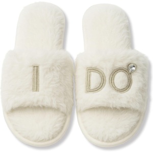 image:imageFunky Junque White Bridal Slippers Faux Fur Pearl Rhinestone Bride Slides  Plush faux fur slippers with rhinestone lettering for getting ready weddings bridal showers amp engagementsI Do White