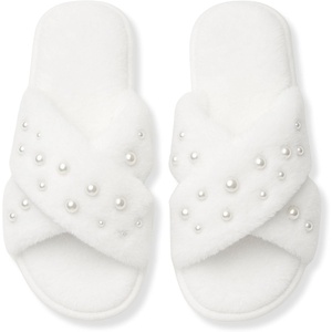 image:imageFunky Junque White Bridal Slippers Faux Fur Pearl Rhinestone Bride Slides  Plush faux fur slippers with rhinestone lettering for getting ready weddings bridal showers amp engagementsPearls White