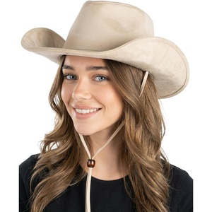 image:imageFunky Junque Wide Brim Cowboy Hat for Women with Decorative Band  Adjustable Fit Cowboy Hat with Sun Protection Concerts Festivals and Western for WomenSuede W Chinstrap  Beige