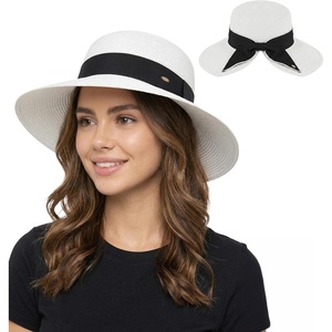image:imageFunky Junque Wide Brim Panama Sun Hat Womens Packable Straw  Lightweight paper hat with adjustable drawstring for beach trips vacations summer getaways amp everyday wearSplit Back Bow  White