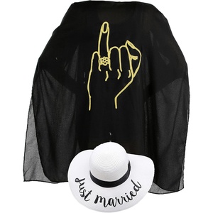 image:imageFunky Junque Bride Beach Sun Hat Straw Bucket Cover Up Set  Straw bucket sun hat with adjustable drawstring for bachelorette trips honeymoons bridal showers amp destination weddingsJust Married White  Ring Finger BlackGold Cover Up