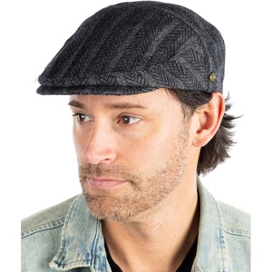image:imageFunky Junque Mens Classic Wool Blend Newsboy Tweed Flat Cap  Stylish Vintage HatHerringbone Black W Grey Stripes Slim
