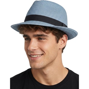 image:imageFunky Junque Packable Straw Fedora Mens Panama Trilby Hat  Natural straw fedora with grosgrain band for vacations outdoor weddings city explorations amp summer travelLight Blue