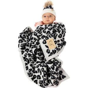 image:imageBaby Blanket amp Beanie Set  Ribbed Knit  Single Pom  Pale Pink  Soft fuzzy baby blanket amp beanie set with large 30x35 size for snuggling crib naps strollers amp shower giftsLeopard Print  Single Pom  Ivory