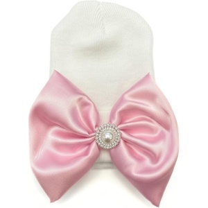 image:imageFunky Junque Baby Girl Newborn Beanie with Rhinestone Trim Bow  Soft Infant Hospital Hat for Nursery and Coming Home OutfitWhite  Rose Satin Bow