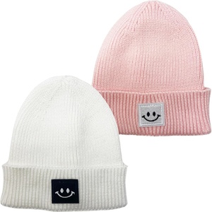 image:imageFunky Junque Baby Hats 012 Months Smiley Face Beanie Warm Soft Knit Toddler Beanie Winter Cap for Infants Unisex2 Pack  White  Light Pink Square Patch