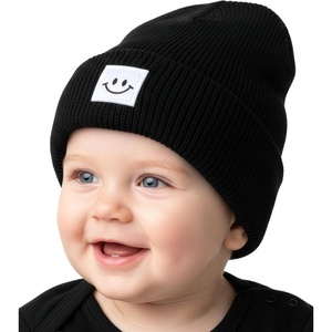 image:imageFunky Junque Baby Hats 012 Months Smiley Face Beanie Warm Soft Knit Toddler Beanie Winter Cap for Infants UnisexBlack Square Patch