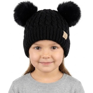 image:imageFunky Junque Toddler Double Pom Pom Beanie  Warm Knit Winter Hat for Girls Ages 16 Soft Kids Poms Beanies for Cold WeatherBlack  Black Faux Fur Pom