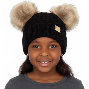image:imageFunky Junque Toddler Double Pom Pom Beanie  Warm Knit Winter Hat for Girls Ages 16 Soft Kids Poms Beanies for Cold WeatherBlack  Natural Faux Fur Pom