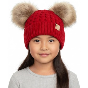 image:imageFunky Junque Toddler Double Pom Pom Beanie  Warm Knit Winter Hat for Girls Ages 16 Soft Kids Poms Beanies for Cold WeatherRed  Faux Fur Pom