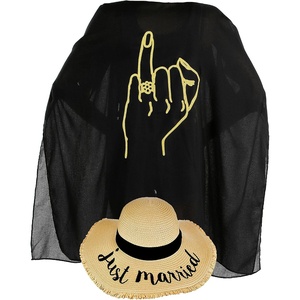 image:imageHat amp Cover Up Set Just Married FringeNatural amp Ring Finger BlackGold  Just Married FringeNatural amp Ring Finger BlackGold Cover Up straw sun hat amp cover up set for bachelorette trips