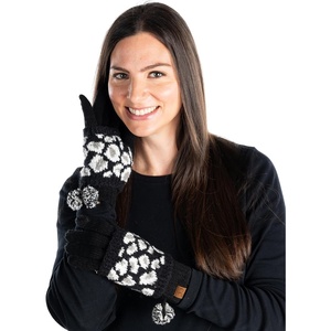 image:imageFunky Junque Warm Knit Double Layer Pom Touchscreen Texting GlovesA Leopard Print  Black