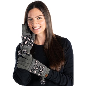 image:imageFunky Junque Warm Knit Double Layer Pom Touchscreen Texting GlovesA Leopard Print  Heather Grey