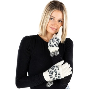 image:imageFunky Junque Warm Knit Double Layer Pom Touchscreen Texting GlovesA Leopard Print  Ivory