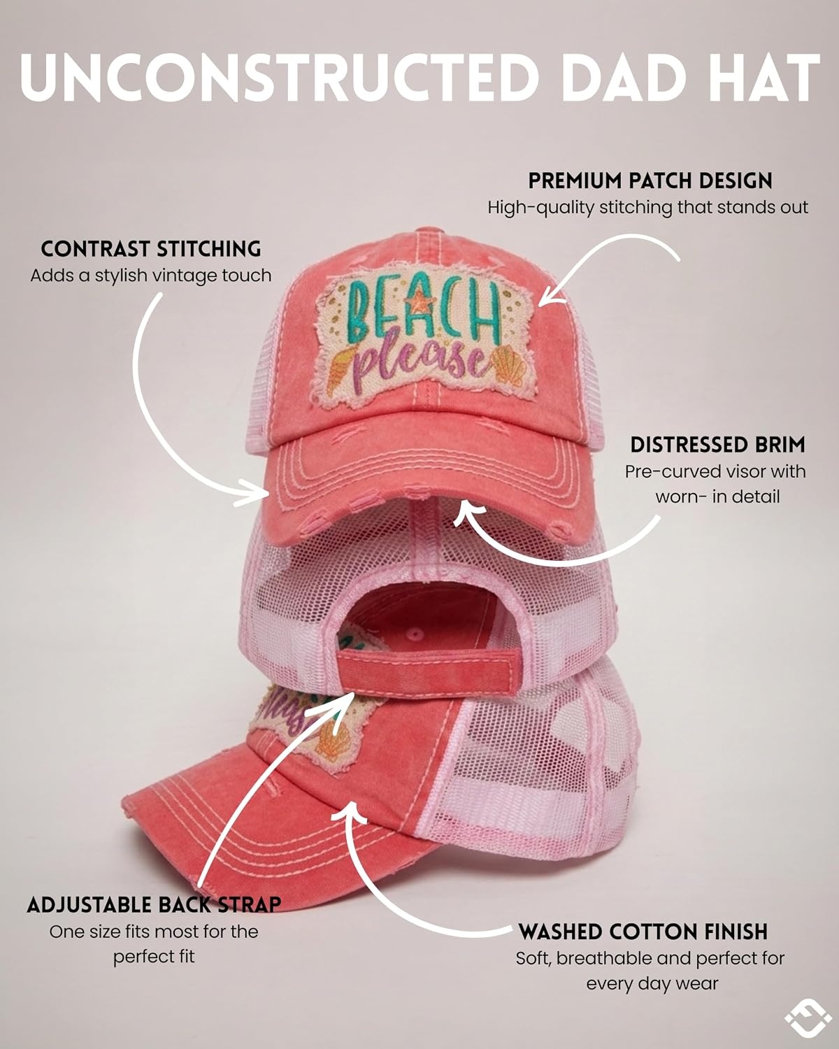 image:imageFunky Junque Distressed Baseball Cap Vintage Embroidered Dad HatBeach Please Metallic  Coral
