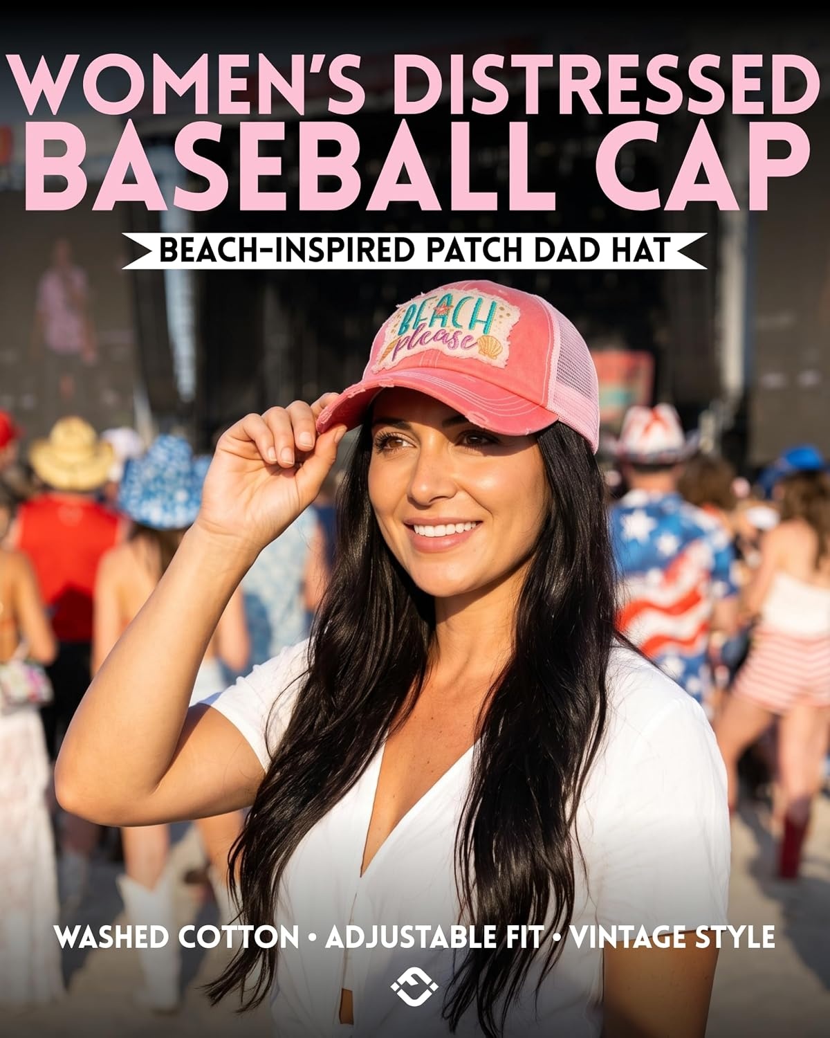 image:imageFunky Junque Distressed Baseball Cap Vintage Embroidered Dad HatBeach Please Metallic  Coral