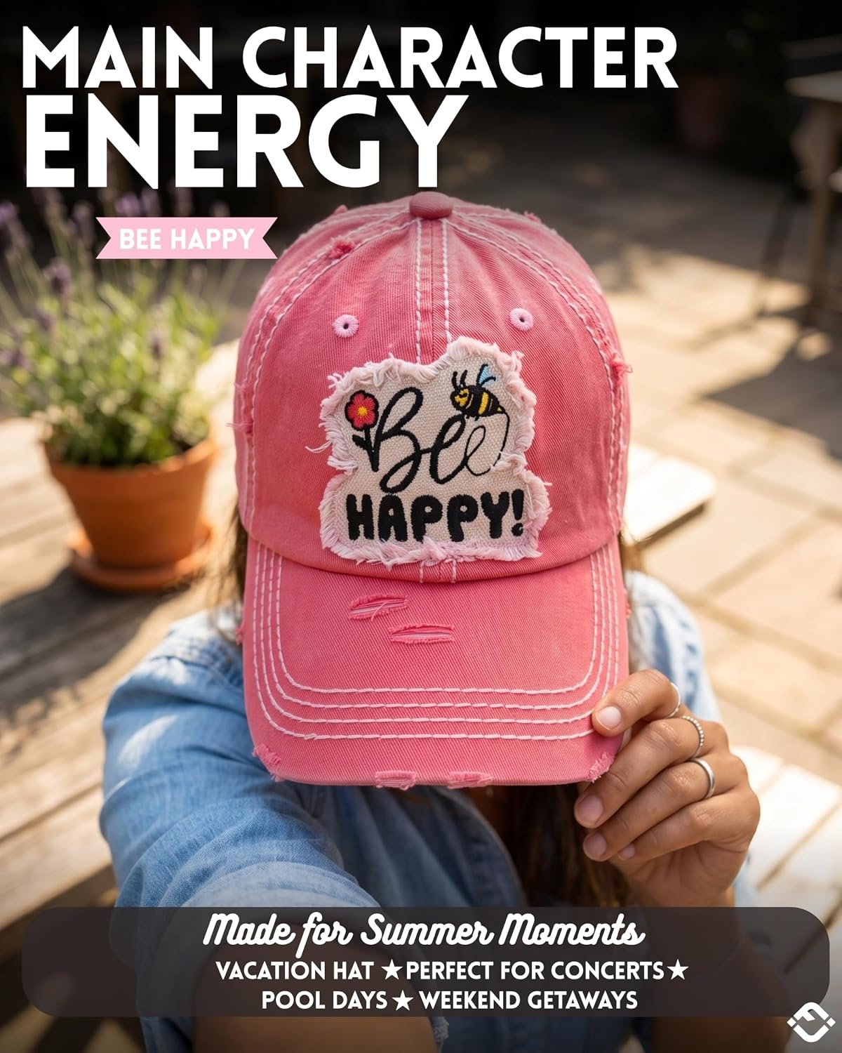 image:imageFunky Junque Distressed Baseball Cap Vintage Embroidered Dad HatBee Happy  Coral