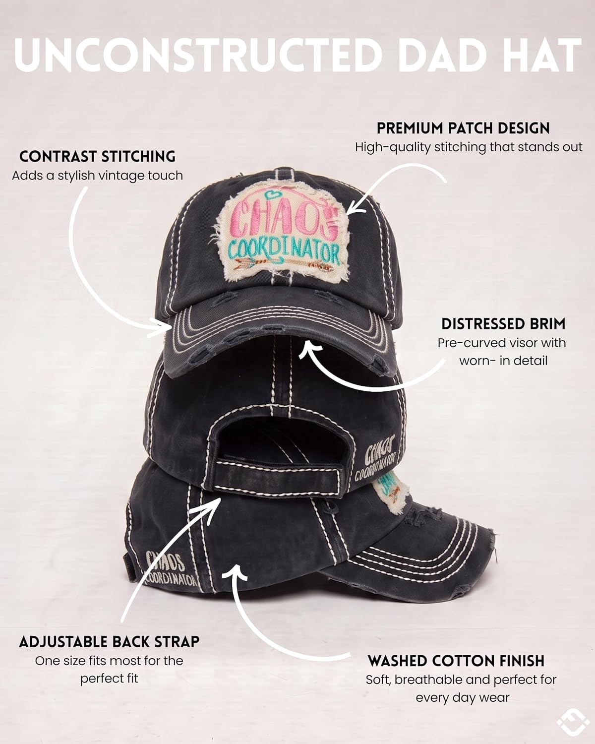 image:imageFunky Junque Distressed Baseball Cap Vintage Embroidered Dad HatChaos Coordinator  Black