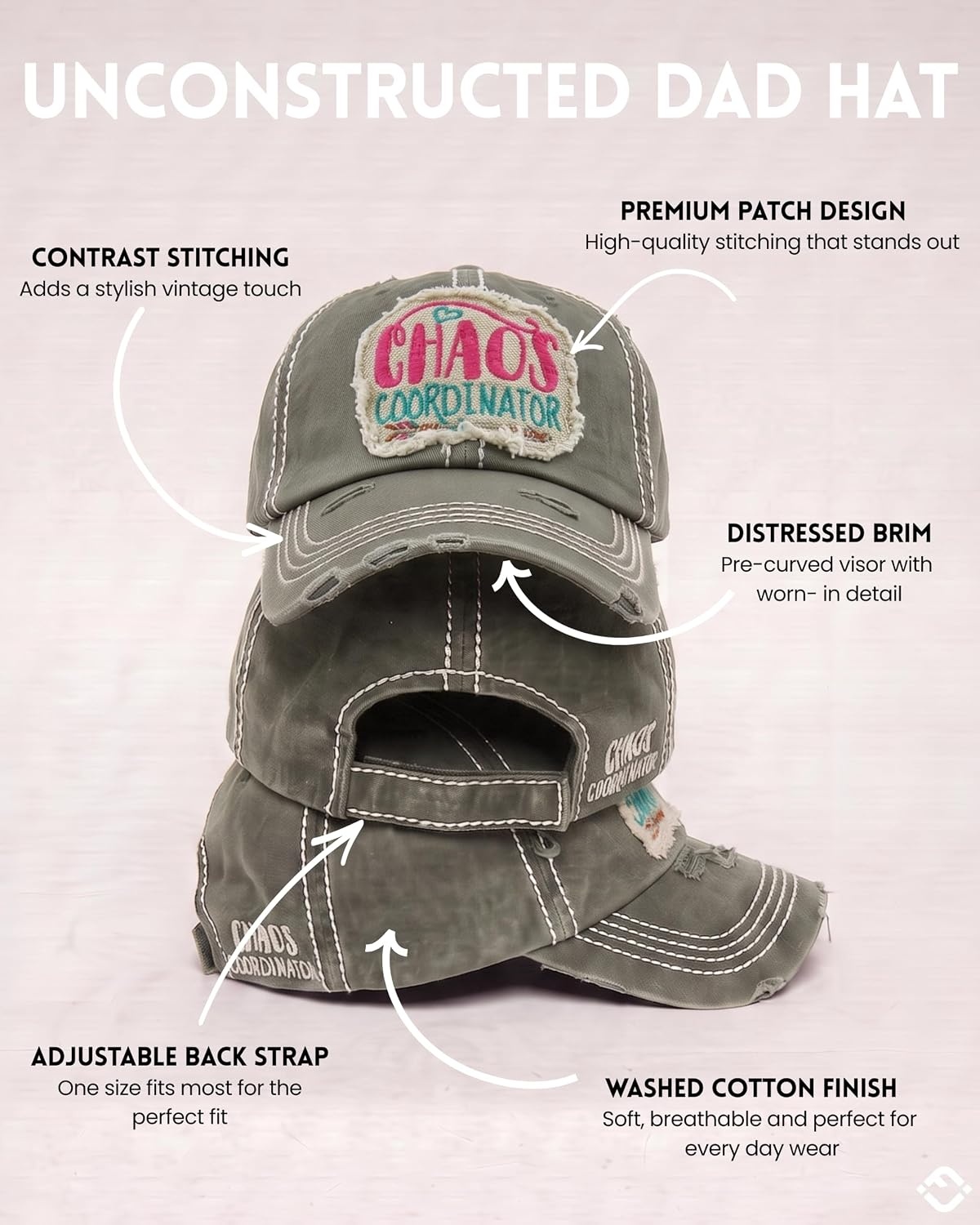 image:imageFunky Junque Distressed Baseball Cap Vintage Embroidered Dad HatChaos Coordinator  Dove Grey