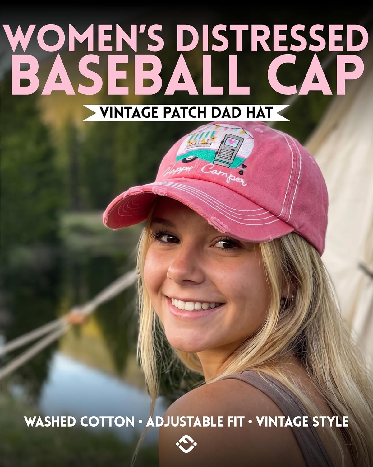 image:imageFunky Junque Distressed Baseball Cap Vintage Embroidered Dad HatHappy Camper  Coral