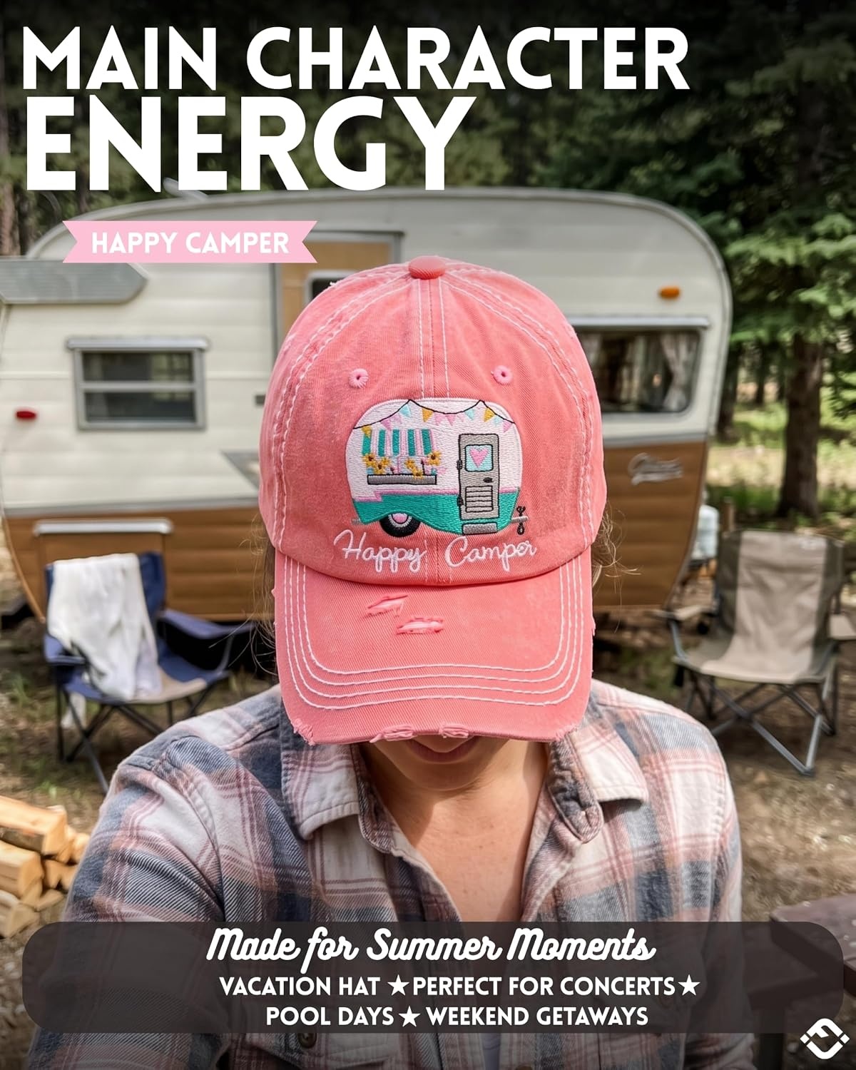 image:imageFunky Junque Distressed Baseball Cap Vintage Embroidered Dad HatHappy Camper  Coral