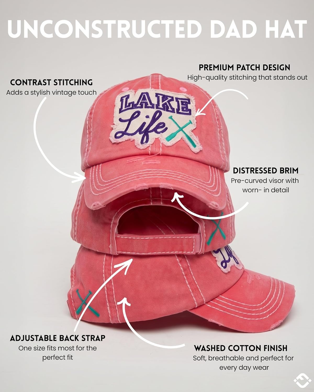 image:imageFunky Junque Distressed Baseball Cap Vintage Embroidered Dad HatLake Life  Coral