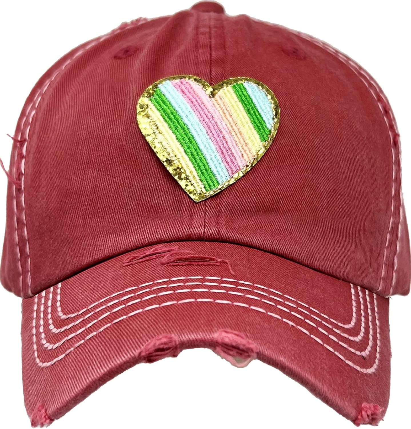 image:imageFunky Junque Distressed Baseball Cap Vintage Embroidered Dad HatRainbow HeartCoral