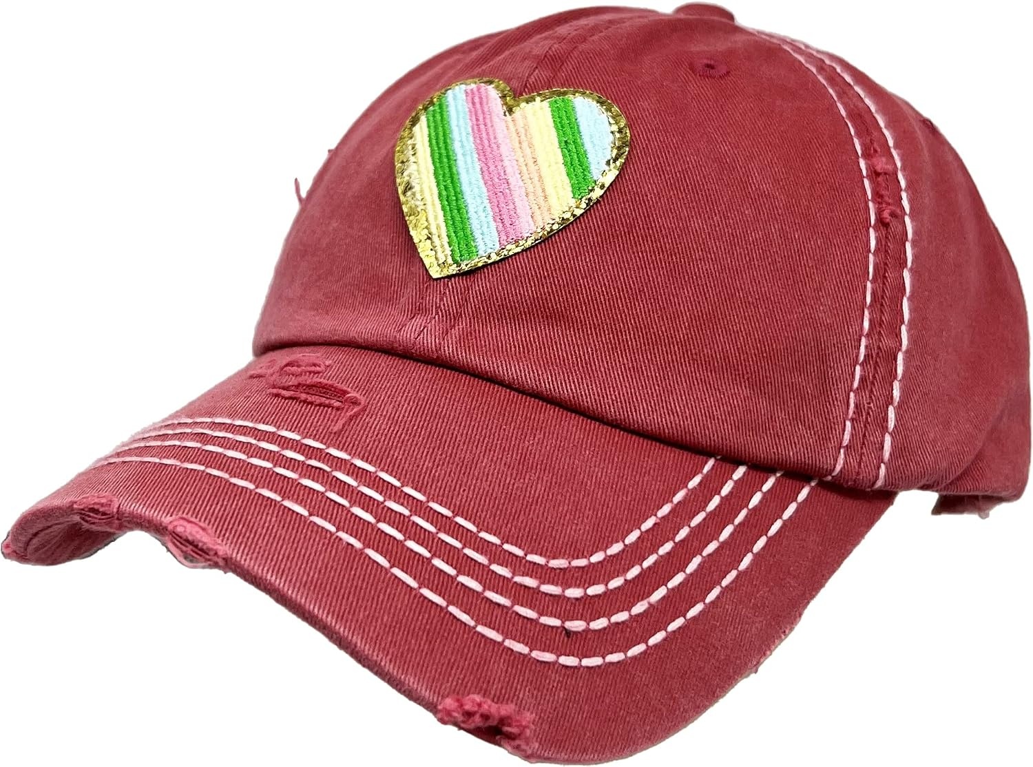 image:imageFunky Junque Distressed Baseball Cap Vintage Embroidered Dad HatRainbow HeartCoral