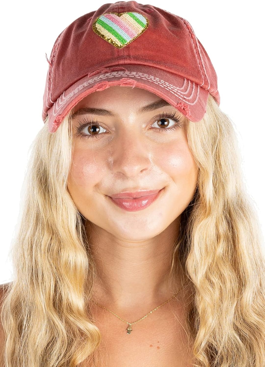 image:imageFunky Junque Distressed Baseball Cap Vintage Embroidered Dad HatRainbow HeartCoral