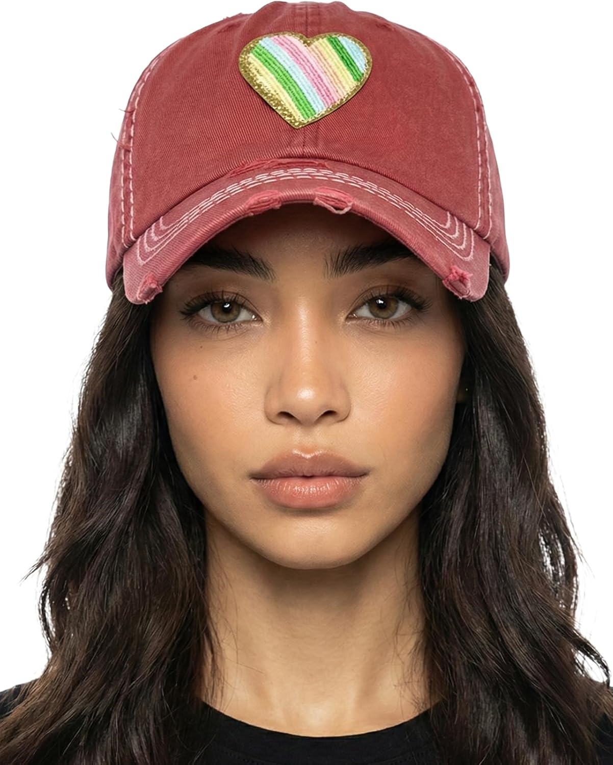 image:imageFunky Junque Distressed Baseball Cap Vintage Embroidered Dad HatRainbow HeartCoral