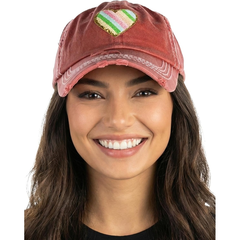 image:imageFunky Junque Distressed Baseball Cap Vintage Embroidered Dad HatRainbow HeartCoral
