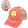 image:imageFunky Junque Criss Cross Ponytail Baseball Cap Womens Trucker Mesh HatSmiley Face  CoralYellow