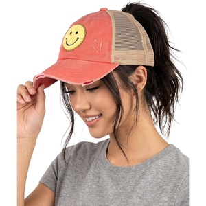 image:imageFunky Junque Criss Cross Ponytail Baseball Cap Womens Trucker Mesh HatSmiley Face  CoralYellow