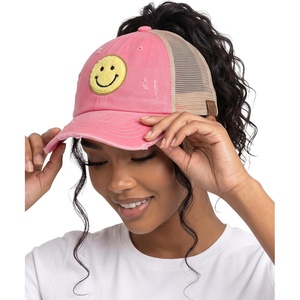 image:imageFunky Junque Criss Cross Ponytail Baseball Cap Womens Trucker Mesh HatSmiley Face  PinkYellow