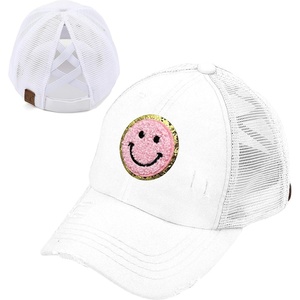 image:imageFunky Junque Criss Cross Ponytail Baseball Cap Womens Trucker Mesh HatSmiley Face  WhitePink