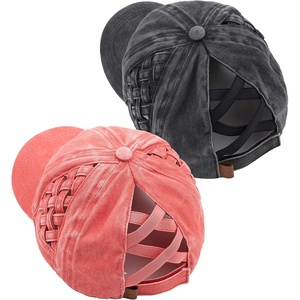 image:imageFunky Junque Criss Cross Ponytail Cap Messy Bun Distressed Baseball Hat2 Pack  Basketweave Black  Coral