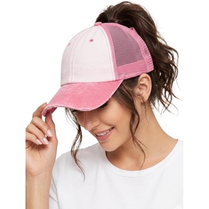 image:imageFunky Junque Criss Cross Ponytail Cap Messy Bun Distressed Baseball Hat2 Tone  WhiteLight Pink