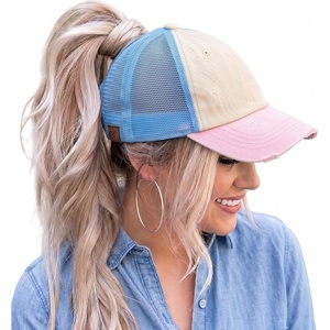 image:imageFunky Junque Criss Cross Ponytail Cap Messy Bun Distressed Baseball Hat3 Tone  BeigeLight PinkLight Blue