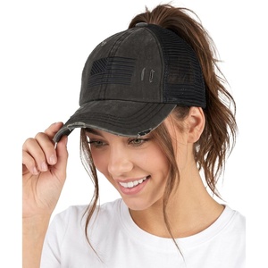 image:imageFunky Junque Criss Cross Ponytail Cap Messy Bun Distressed Baseball HatAmerican Flag  Black Distressed Black Mesh
