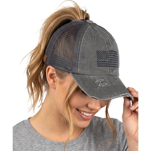 image:imageFunky Junque Criss Cross Ponytail Cap Messy Bun Distressed Baseball HatAmerican Flag  Grey