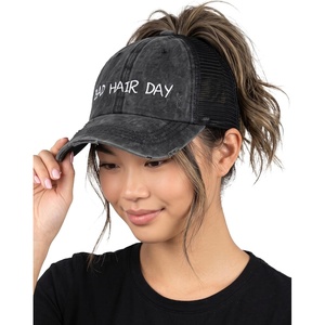 image:imageFunky Junque Criss Cross Ponytail Cap Messy Bun Distressed Baseball HatBad Hair Day  Black Distressed Black Mesh