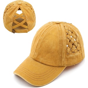 image:imageFunky Junque Criss Cross Ponytail Cap Messy Bun Distressed Baseball HatBasketweave  Mustard