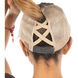 image:imageFunky Junque Criss Cross Ponytail Cap Messy Bun Distressed Baseball HatBeige Mesh  Black Distressed