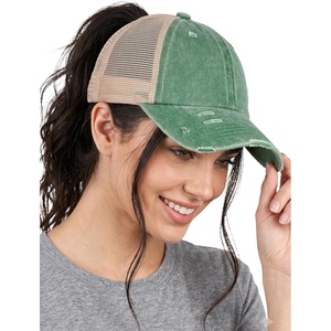image:imageFunky Junque Criss Cross Ponytail Cap Messy Bun Distressed Baseball HatBeige Mesh  Green Distressed